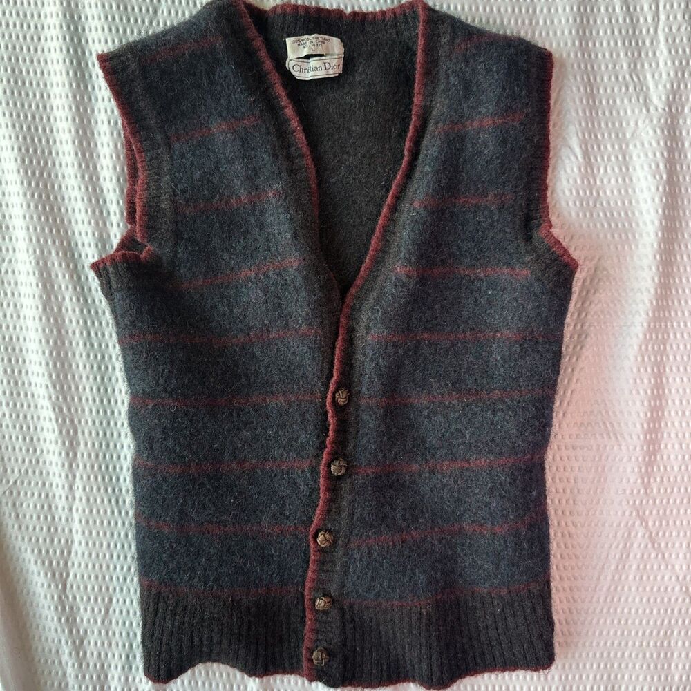 Vintage Christian Dior Sweater Vest Size L Wool Shetland Blue And Red Stripe